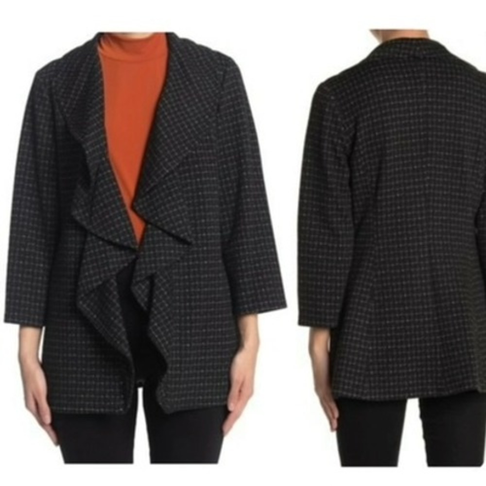 Calvin Klein Womens Black White Grid Draped Ruffle Open‎ Front Jacket Blazer